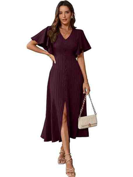 Shasmi Girl's & Women's Pleated Midi Dress with Flutter Sleeves | V-Neck Western Dress for Women | Elegant A-Line Summer Outfit | Office & Casual Wear